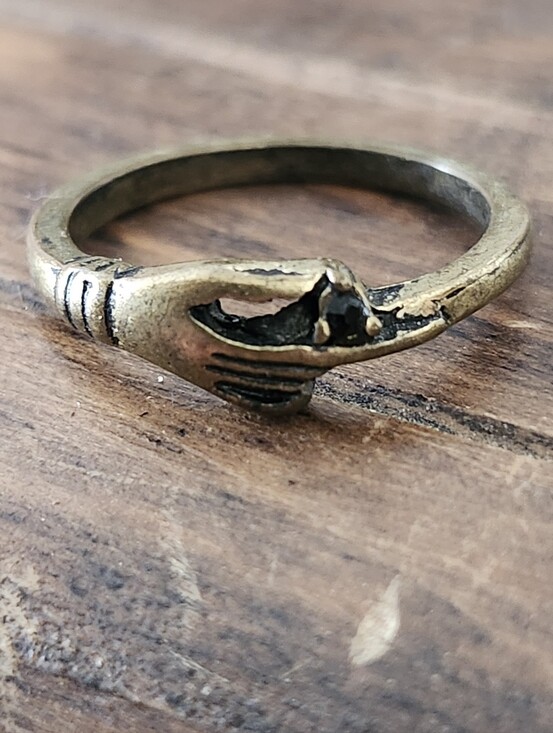 Source Unknown Jewelry - Vintage Brass Toned Clasped Hand Fede Ring With Dark Stone Accent